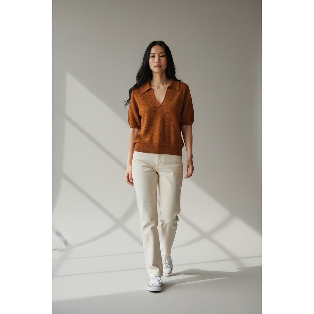 Anthropologie Size Small Collared Short Sleeve  V-Neck Textured Gold‎ Sweater